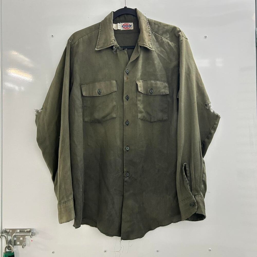 VTG 80s Faded Thrash Olive green Dickies button-up shirt